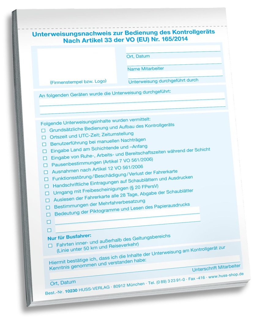 Nachweis über die Unterweisung zur Bedienung des Kontrollgeräts